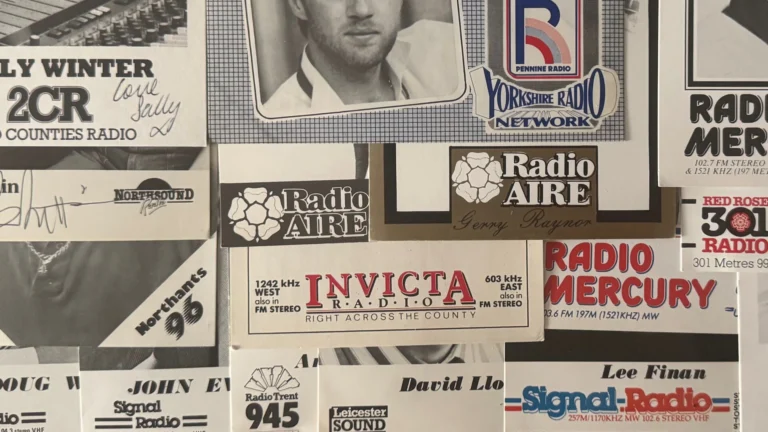 A collage of overlapping black-and-white DJ autograph cards and station promotional flyers from British independent local radio stations of the 1980s. Visible stations include Radio Aire, 2CR Two Counties Radio (signed "Love Sally"), Invicta Radio ("Right Across the County"), Radio Mercury, Northsound Radio, Red Rose Radio, Pennine Radio / Yorkshire Radio Network, Northants 96, Signal Radio, Radio Trent 945, and Leicester Sound. Several cards feature partial photographs of DJs and handwritten dedications.